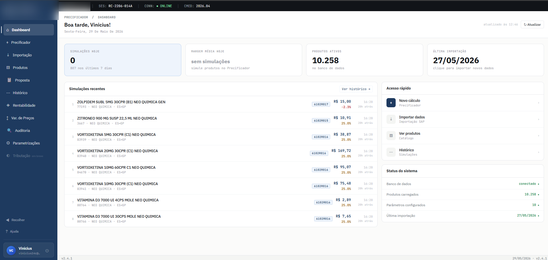 Dashboard da Precificadora: simulações, margens e produtos integrados ao SAP